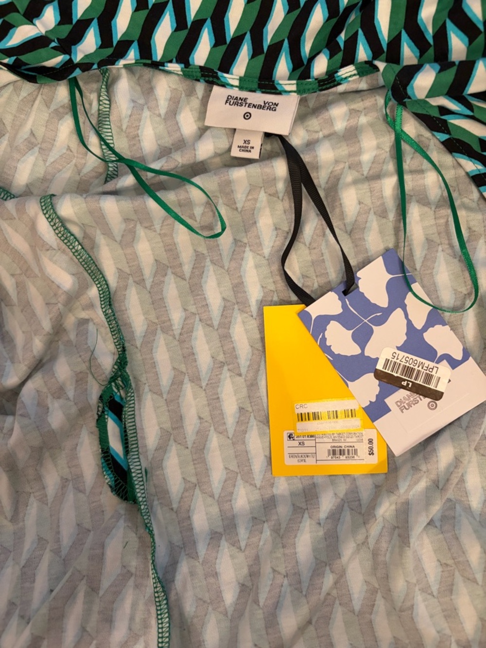 Diane Von Furstenberg Teal, Navy and White Geometric Wrap Dress - Picture 5 of 6
